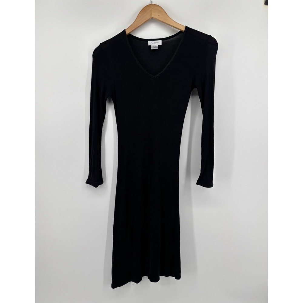 Natori V Neck Sheer Knit Dress Sz XS Long Sleeve 100% Tencel Flirty Classic Chic